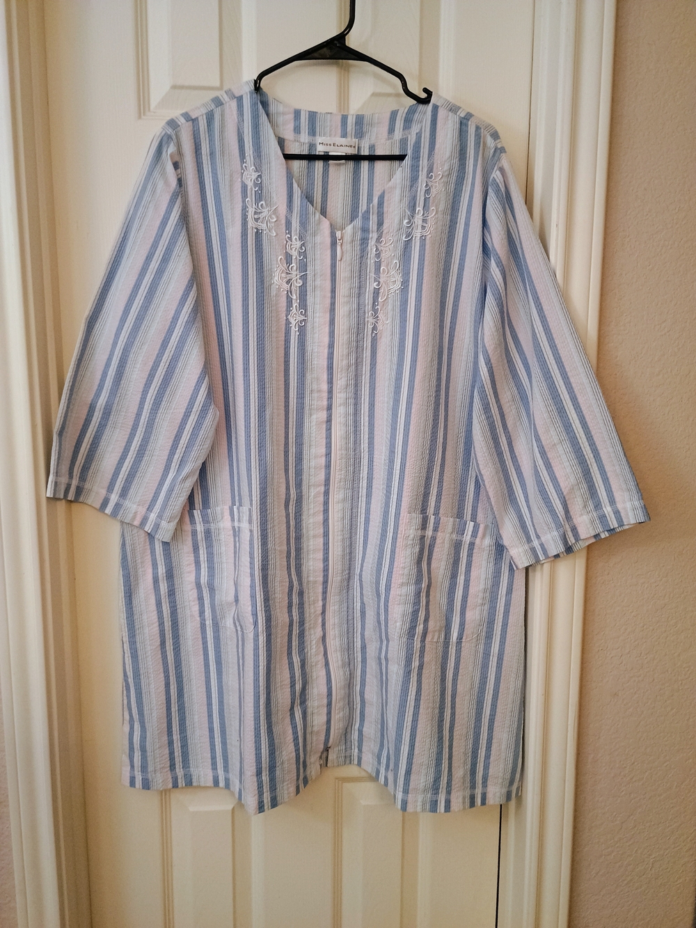 Miss Elaine Pastel Stripe Floral Embroidered Zip Close Moo Moo Sleep Dress XL
